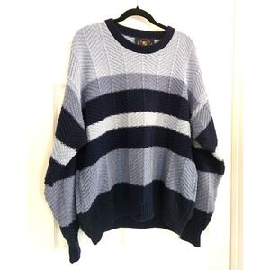 Lake Harmony Vintage SZ L Cotton Crew Neck Striped Knit Blue Pullover Sweater
